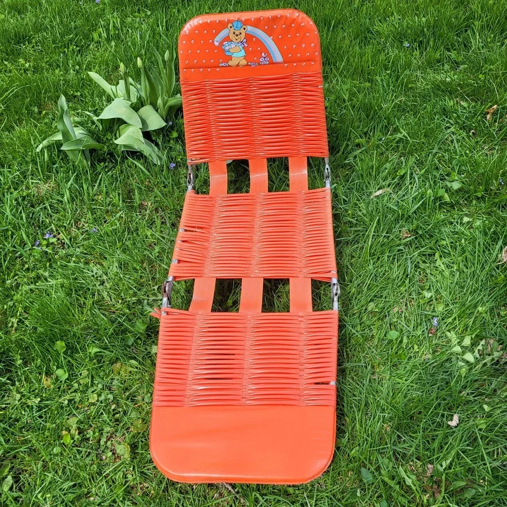 Kids Vintage Jelly Tube Lawn Chair Chaise Lounge Red Orange Bear 50
